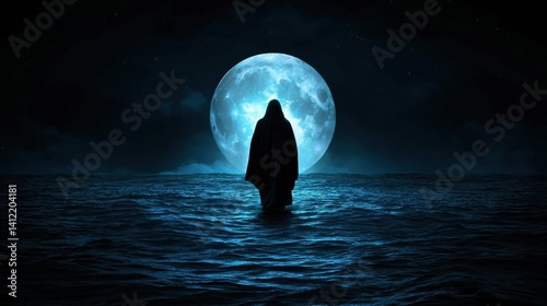 The Son of God walking on calm waters, the moonlight reflecting on the waves, a spiritual representation of faith and miracles.
