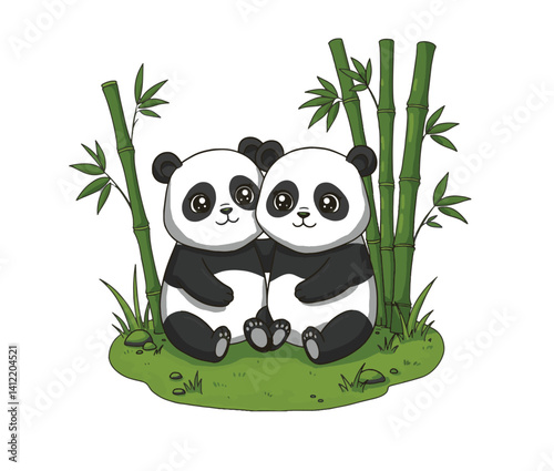 Joyful panda friends in a relaxing green meadow