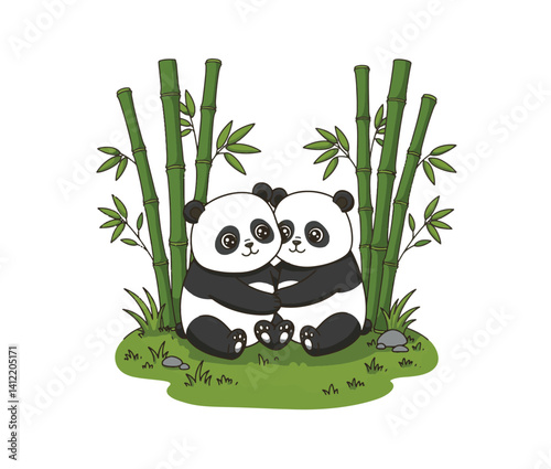 Panda pair soaking in a cozy bamboo retreat
