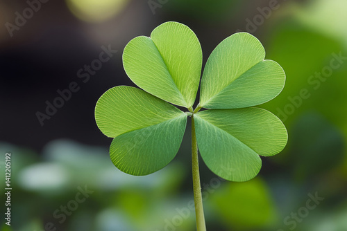 Fresh green four-leaf clover symbolizing luck and nature on blurred natural background