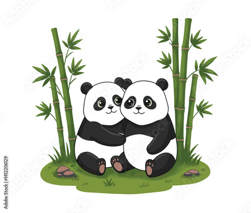 Panda pair basking in peaceful bamboo ambiance
