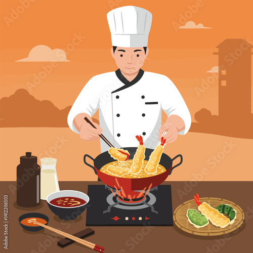 Chef Frying Tempura with Chopsticks in the Kitchen