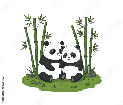 Smiling pandas enjoying their tranquil bamboo space