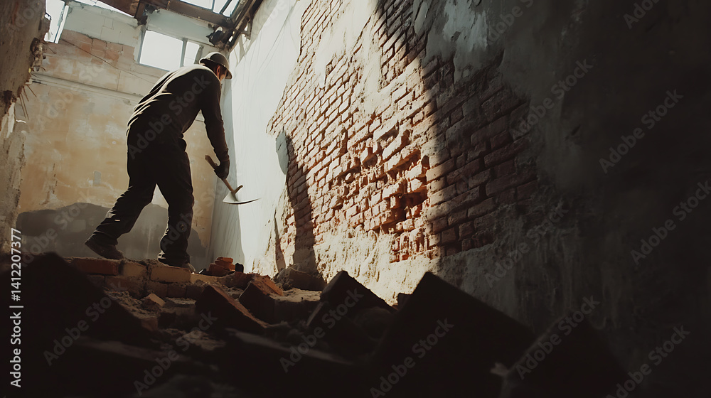 Fototapeta premium Mason working on a brick wall at a construction site. Skill and precision
