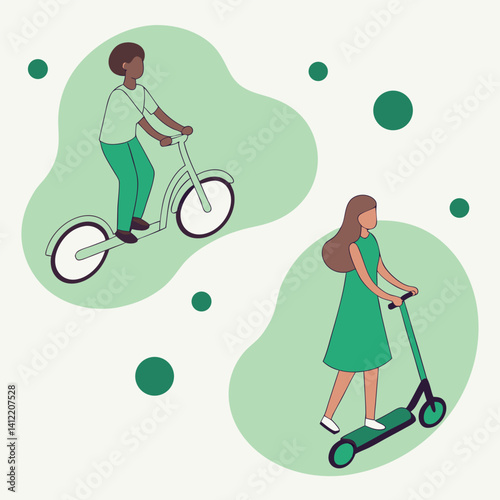 Man and Woman Riding Green Electric and Kick Scooters for Urban Mobility.