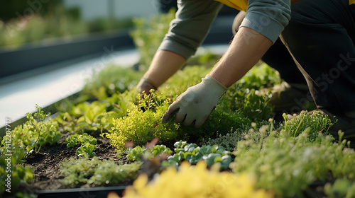 Landscaper designing a green space for an urban development project. Featuring eco-friendly construction