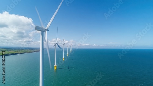 A row of wind turbines lined up neatly in the sea