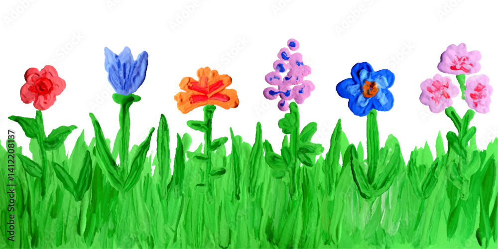 Like kids hand painting acrylic, oil, gouache colorful flower set. Blooming spring summer meadow grass plant. Doodle artistic kid style background, banner, border, brush stroke vector impasto texture
