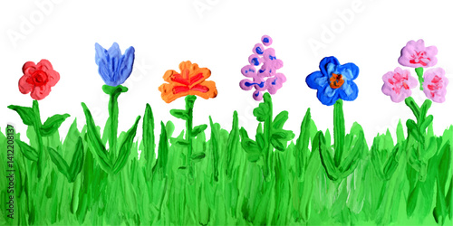Obraz na płótnie Like kids hand painting acrylic, oil, gouache colorful flower set. Blooming spring summer meadow grass plant. Doodle artistic kid style background, banner, border, brush stroke vector impasto texture w salonie
