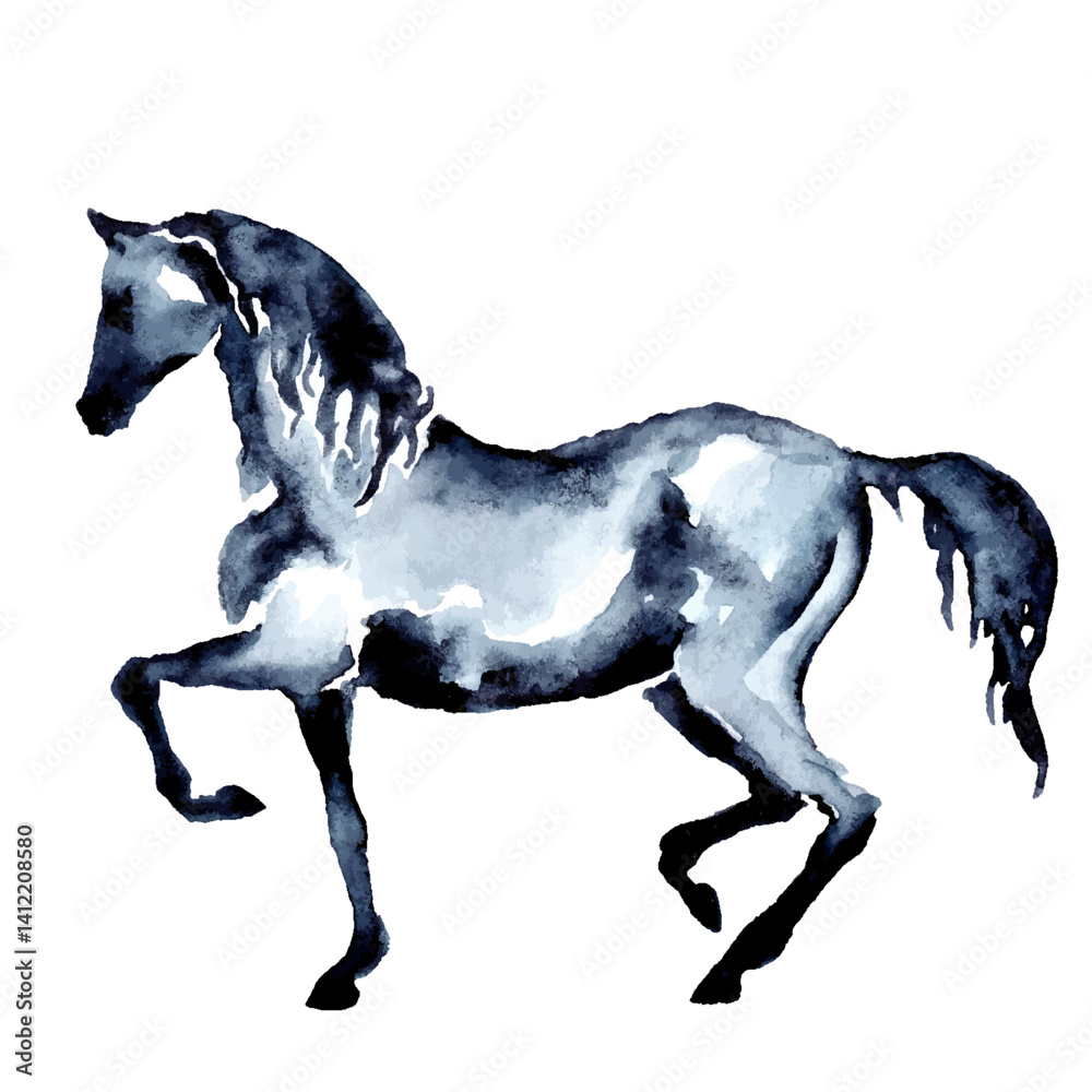 Dressage horse or pony. Equestrian piaffe or passage motion. Watercolor, ink hand painting. Beautiful hand drawing silhouette. Running horse. Equine art artistic brush stroke. Arabian vector stallion