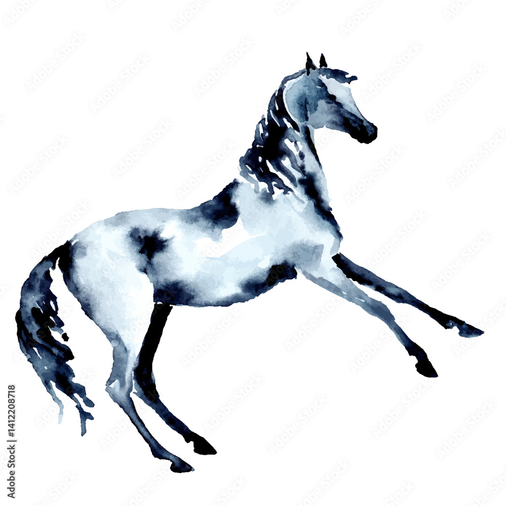 Rearing up horse. Watercolor or ink hand painting. Beautiful hand drawing illustration on white. Equestrian silhouette. Pony in motion. Equine art by artistic brush stroke vector. Rear up stallion