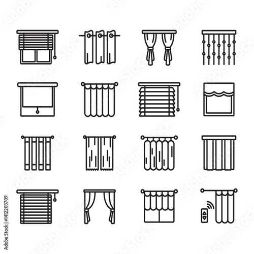 Window curtain icon collection. Line style vector, contains various shapes of window curtains.