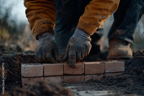 Mason working on brick foundation for a house. Featuring bricklaying and foundation work