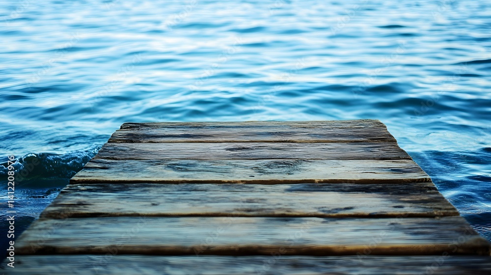 Wooden dock extends into blue water surface creating a sense of tranquility. Wooden dock extends into blue water surface creating a sense of tranquility.