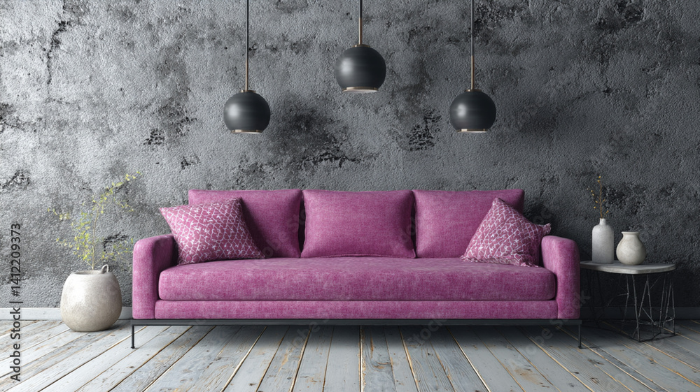 Modern Living Room Interior Design with Concrete Wall, Large Sofa, and Stylish Pendant Lights