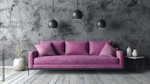 Obraz na płótnie Modern Living Room Interior Design with Concrete Wall, Large Sofa, and Stylish Pendant Lights w salonie