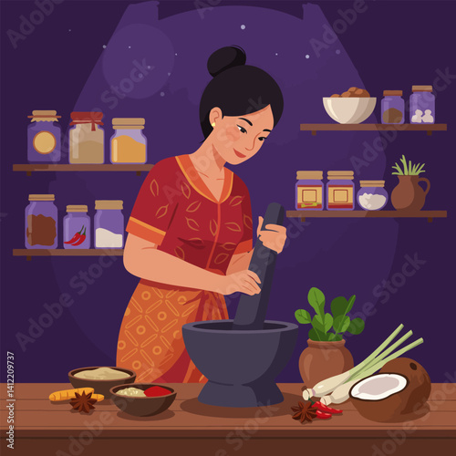 Woman Grinding Spices in Kitchen with Pestle and Mortar