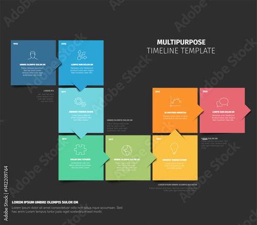 Colorful Multipurpose Timeline Template made from color square content blocks. Simple eight steps time line infogrchart template made from color blocks and sample content on dark background