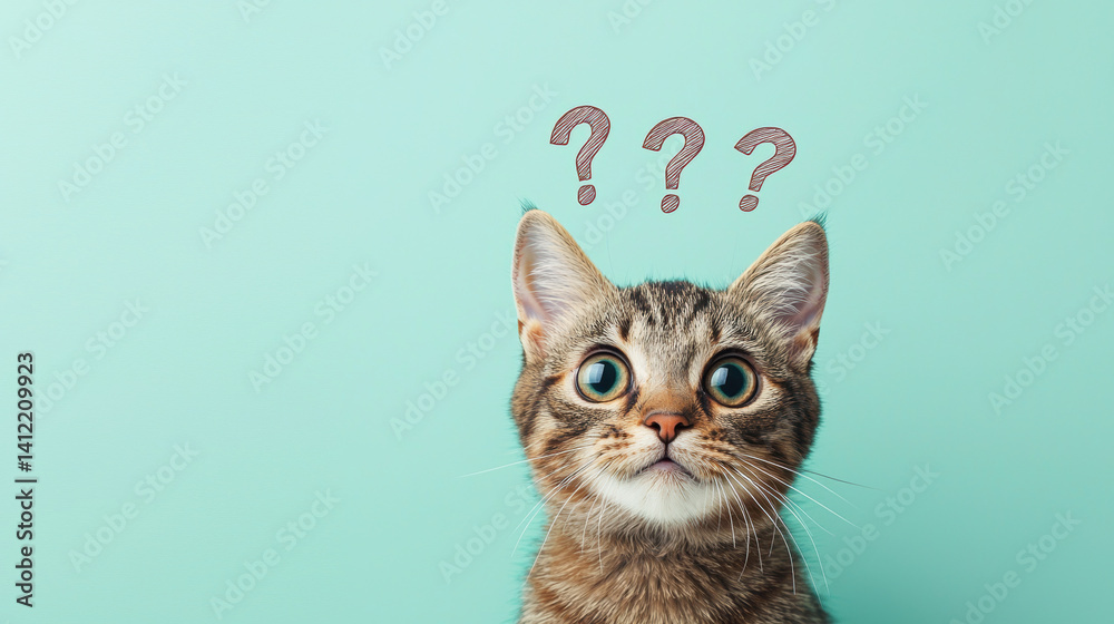 Fototapeta Cute confused cat with big eyes and question marks above its head, minimalistic pastel background