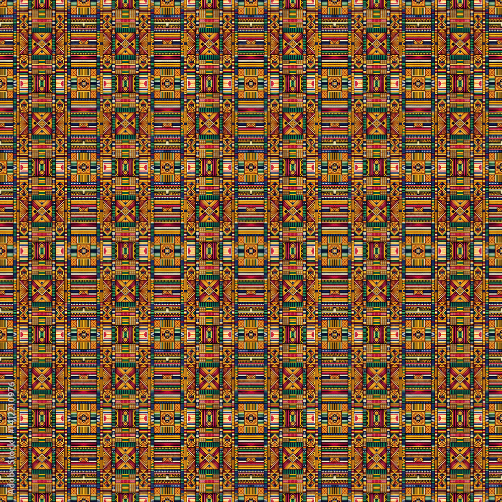 Fototapeta premium Kente Pattern is a traditional Ghanaian textile pattern, known for its bold, vibrant colors and symbolic geometric designs. Originally woven by the Ashanti and Ewe people, Kente patterns convey messag