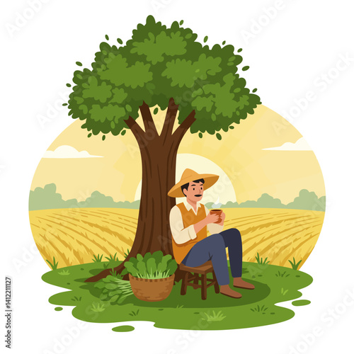 Farmer Resting Under Tree Drinking Tea Illustration