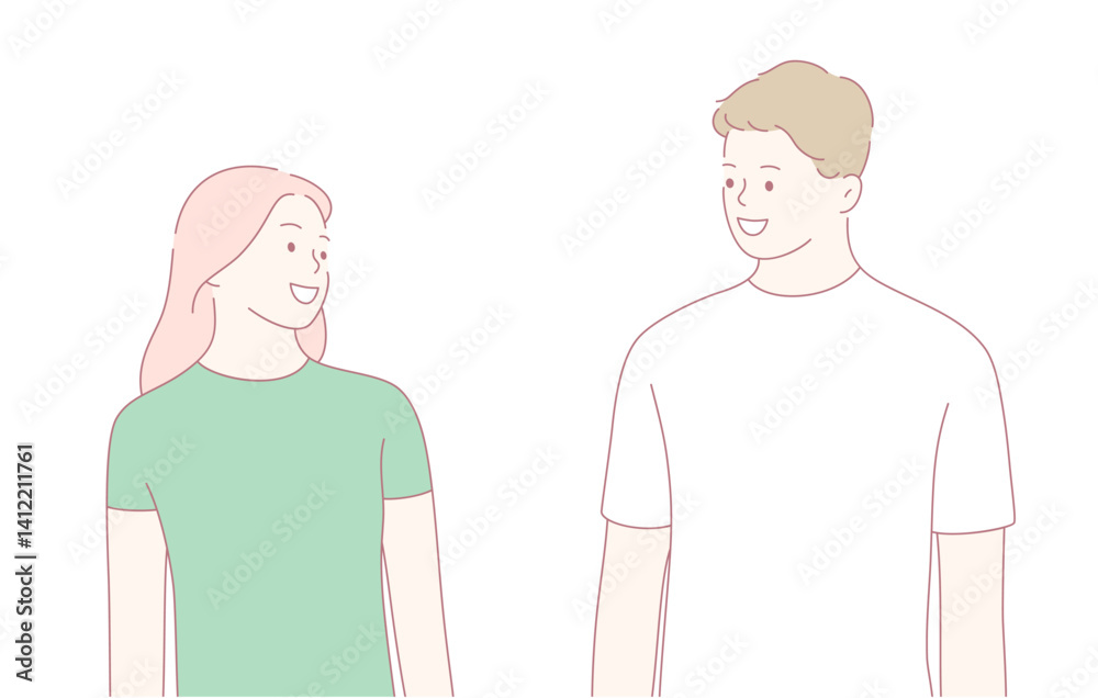 Two young adults are smiling brightly and engaging in a warm and friendly conversation with each other Two young adults are smiling brightly and engaging in a warm and friendly conversation with each other