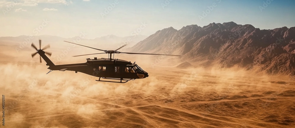 Fototapeta premium Desert Helicopter Flight: A Dusty Aerial View