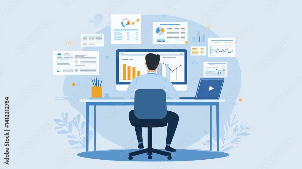 Analyst studying charts and data on a computer screen. Detailed statistical information displayed. Focus on business Analyst studying charts and data on a computer screen. Detailed statistical information displayed. Focus on business