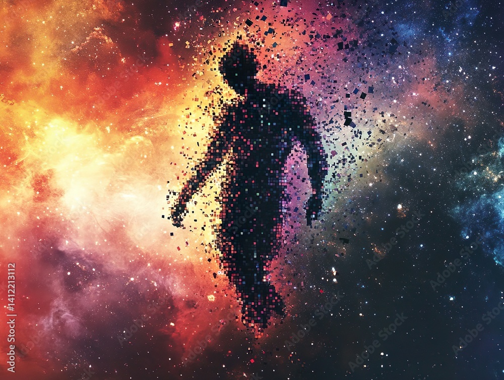 The silhouette of a human figure floats ascendently amidst a vibrant, colorful nebula, dissolving into digital pixels or fragments, representing transcendence or virtual existence. The silhouette of a human figure floats ascendently amidst a vibrant, colorful nebula, dissolving into digital pixels or fragments, representing transcendence or virtual existence.