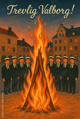 Traditional Swedish Valborg bonfire celebration with student choir and text “Trevlig Valborg” in naive illustration style