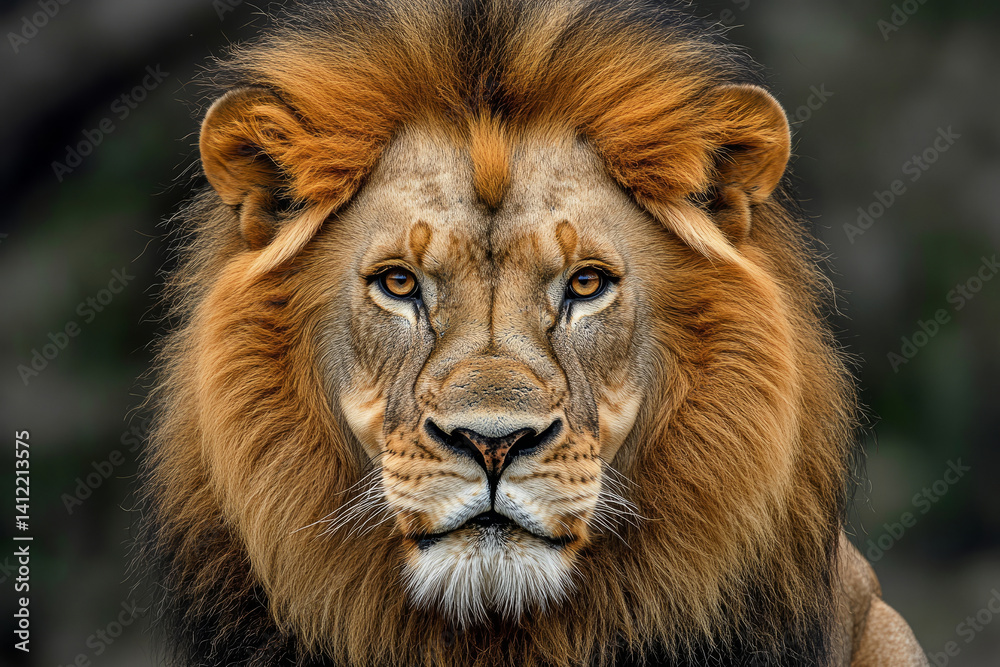 Majestic male lion with thick mane staring intensely in the wild Majestic male lion with thick mane staring intensely in the wild