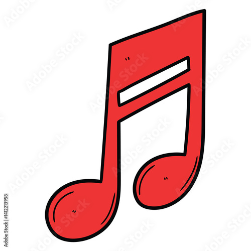 Hand drawn cartoon red musical note on white background.