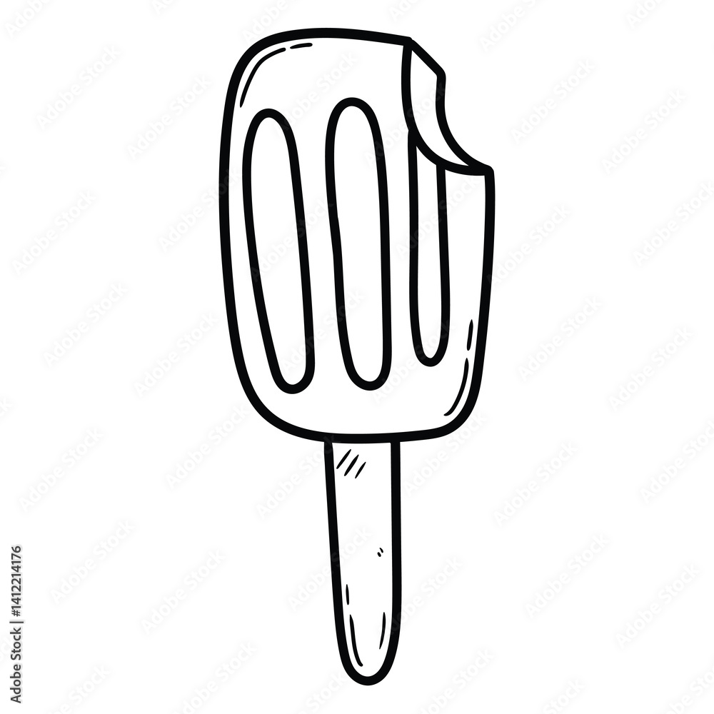 Hand drawn doodle bitten popsicle on stick on white background. Hand drawn doodle bitten popsicle on stick on white background.