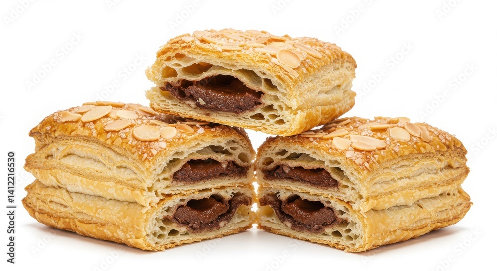 Golden brown pastry layers with rich chocolate filling glistening under a sugar glaze and topped with almond slices for an elegant touch of crunch. Golden brown pastry layers with rich chocolate filling glistening under a sugar glaze and topped with almond slices for an elegant touch of crunch.