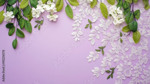 Right-aligned white lace dress with floral embroidery, pastel lavender background, soft shadows and graceful styling 