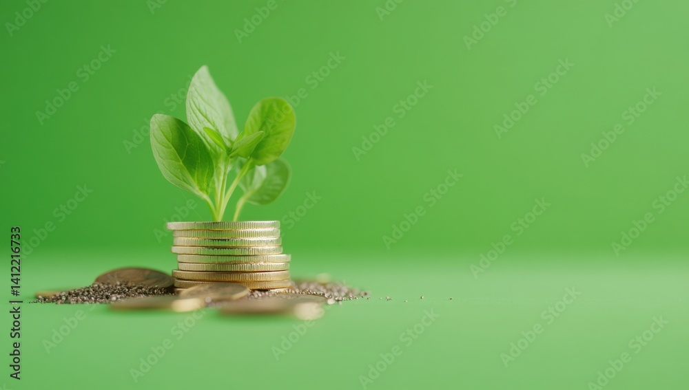 A series of coins with green plants growing out, symbolizing financial growth and evolution in business. The background is a lush green for an eco-friendly feel.
