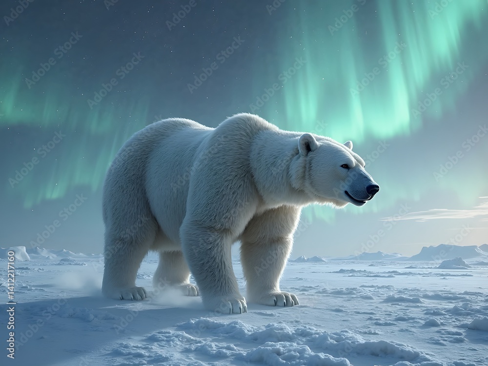 Polar Bear Under Aurora Sky: A powerful polar bear walking across a frozen tundra, under a vibrant aurora-filled night sky, stars shimmering in the distance. Polar Bear Under Aurora Sky: A powerful polar bear walking across a frozen tundra, under a vibrant aurora-filled night sky, stars shimmering in the distance.