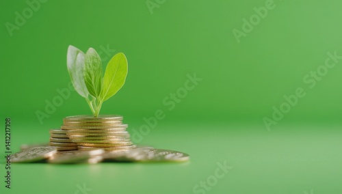 A series of coins with green plants growing out, symbolizing financial growth and evolution in business. The background is a lush green for an eco-friendly feel. 