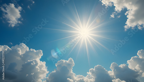 Bright Sunburst and Clouds in Clear Blue Sky