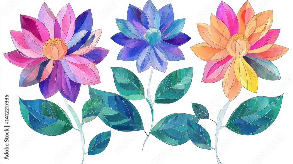 Fototapeta premium Stained glass chrysanthemum with green leaves, soft purple hues, clean white background, 8k clipart format 
