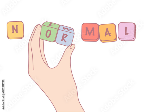 A childs hand holds bright blocks spelling NORMAL in a playful, educational environment for learning