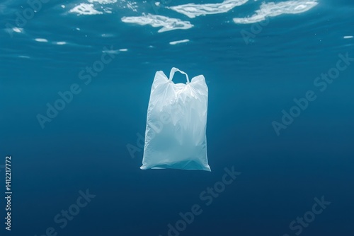Obraz na płótnie A single plastic bag floating in the deep blue ocean, representing environmental storytelling for World Wildlife Day. w salonie