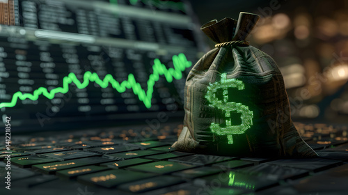 Money Bag With dollar symbol and green up arrow photo