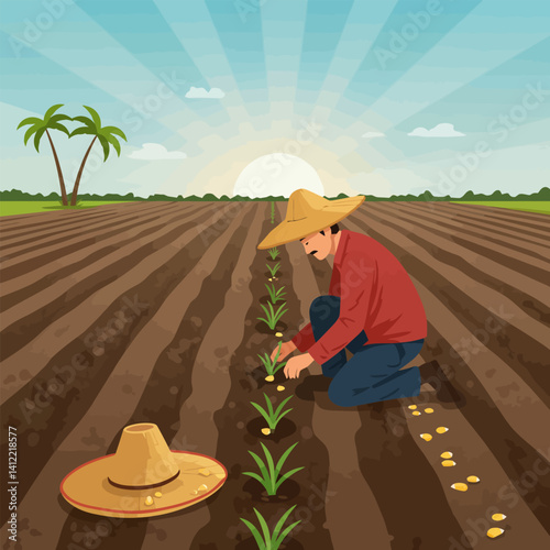 Farmer Planting Seeds in Field Agriculture at Sunrise