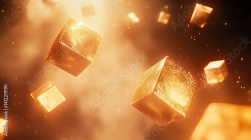 Abstract golden cubes floating in a mysterious and magical atmosphere