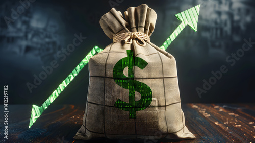 Money Bag With dollar symbol and green up arrow photo
