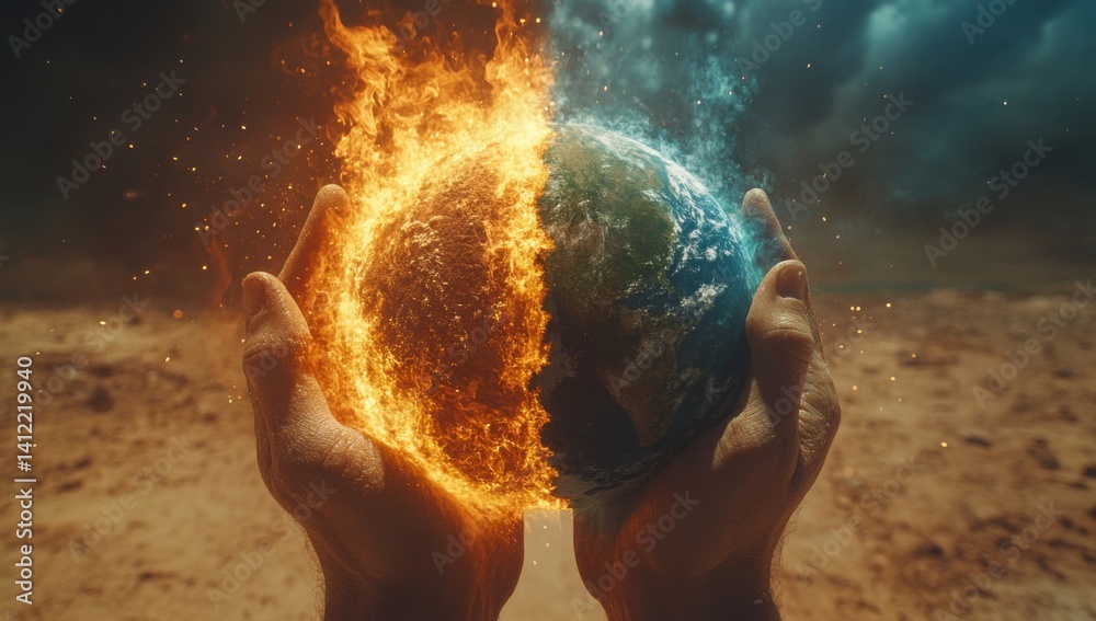 A world covered in flames. This concept represents the environmental changes caused by global warming and climate modeling.