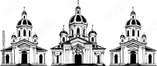 3 Pieces of Baroque style Churches designs, Baroque style Churches vector graphic