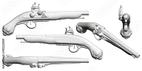 A close up of different view of guns, all of which are white. The guns are all same sizes and shapes, and they all have a similar design. Concept of history and tradition