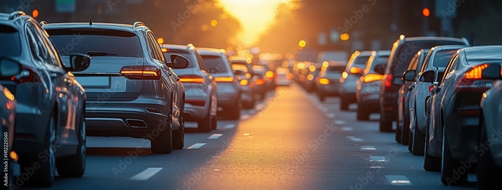 A traffic jam on the highway with cars in line, the sun shining behind them.